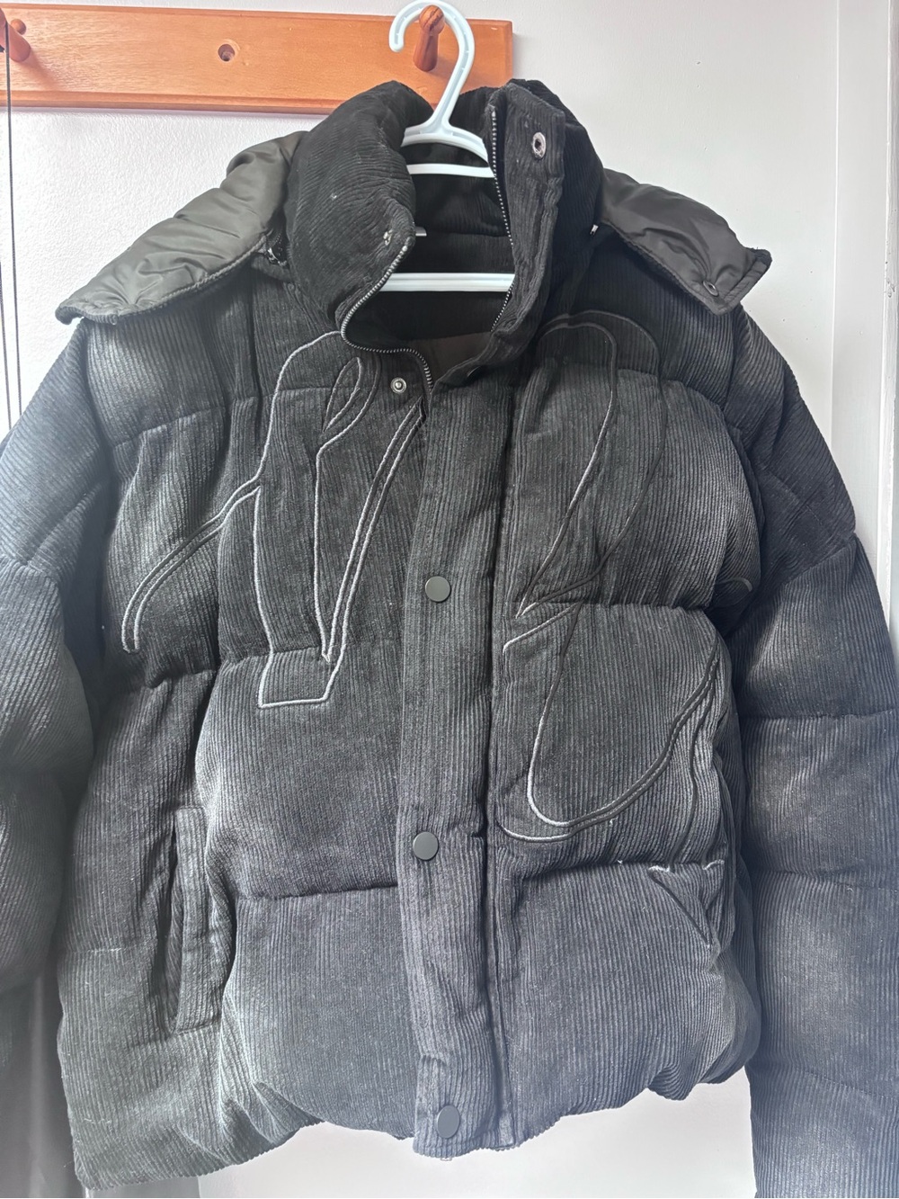 Men's Black Corduroy Puffer Jacket with High Collar